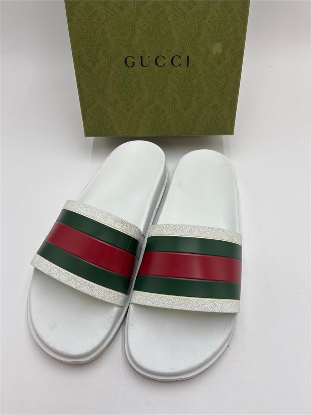 Gucci White Slides with Green and Red Striped Strap